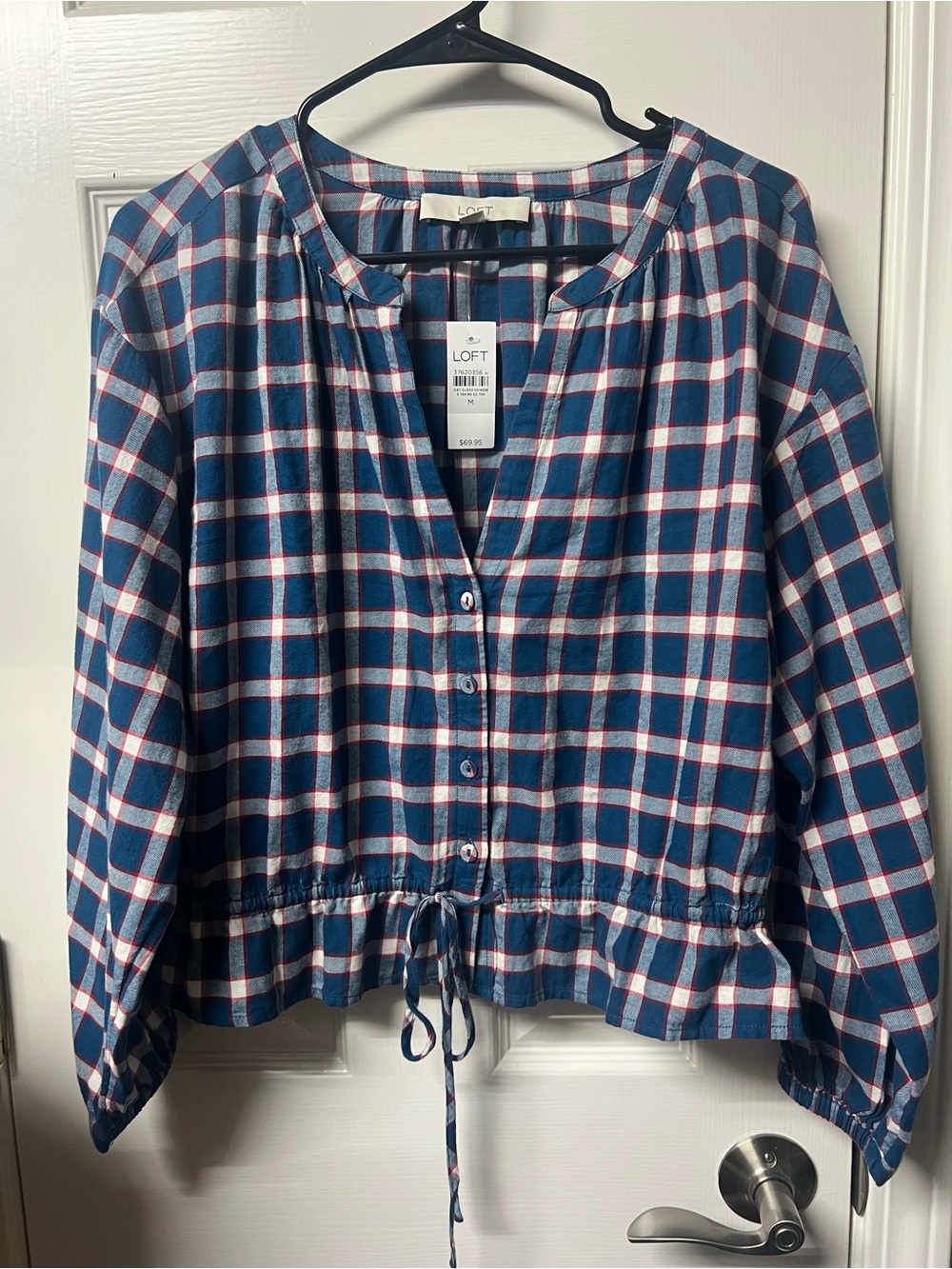 LOFT Blue White and Red Plaid Button-Front Blouse